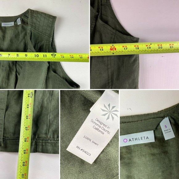 Athleta Wanderabout Size Small 100% Linen Olive Utility Tunic Length Zip Vest - Picture 10 of 11